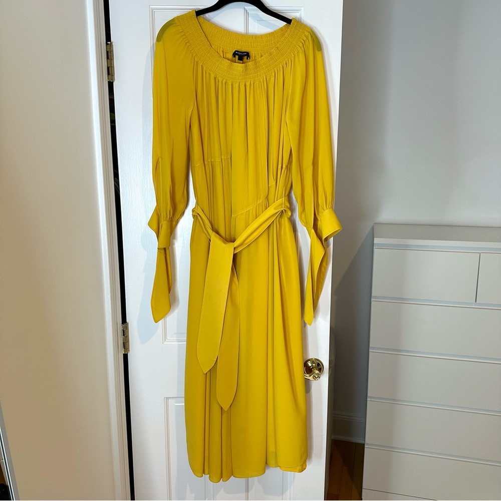 Derek Lam Yellow Silk Georgette Off the Shoulder Belted Dress Size 4 - Picture 3 of 10